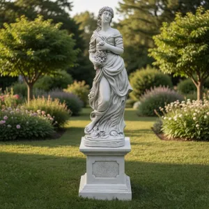 Scultura da Giardino in Marmo di Lusso con Figura Drappeggiata e Accento Floreale - Scultura Classica di Lusso Vista lifestyle di Luxury Group International