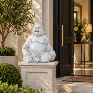 Luxury Marble Laughing Buddha Sculpture with Traditional Seated Design - Luxury Classic Sculpture Lifestyle View by Luxury Group International