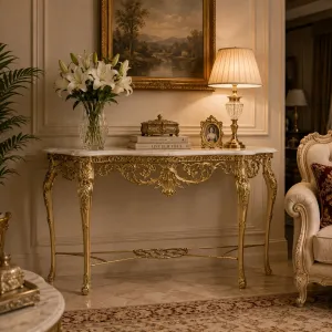 Luxuriöser Barock-Konsolentisch mit Marmorplatte und skulptiertem bronzenem Blumenrahmen – Luxus-Konsolentisch Lifestyle-Ansicht von Luxury Group International