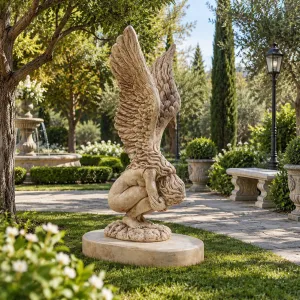 Luxury Marble Winged Garden Sculpture with Raised Feathered Wings in Natural Stone Finish Lifestyle View by Luxury Group International