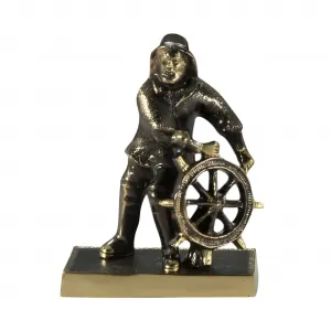 Luxus Maritime Steuermann-Bronzeskulptur mit Schiffsrad in Gold- und Oxidfinish von Luxury Group International