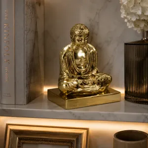 Luxury Meditating Buddha Bronze Sculpture in Golden & Silver Finish Lifestyle View by Luxury Group International