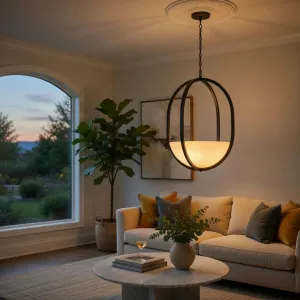 Lampada da Soffitto Circolare Moderna di Lusso – Elegante Struttura in Metallo con Paralume a Ciotola in Vetro Satinato Vista lifestyle di Luxury Group International