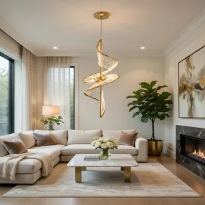 Luxury Modern Chandelier in Champagne Gold Metal with Spiral Ribbon Shades Lifestyle View by Luxury Group International