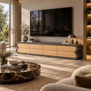 Luxus Moderne TV-Einheit aus Beton mit Skulpturalem Rahmen und Holzpaneelen - TV-Einheit Lifestyle-Ansicht von Luxury Group International