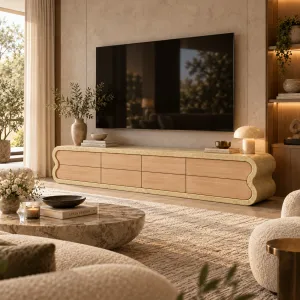 Luxus Moderne TV-Einheit aus Beton mit Skulpturalem Rahmen und Holzpaneelen - TV-Einheit Lifestyle-Ansicht von Luxury Group International