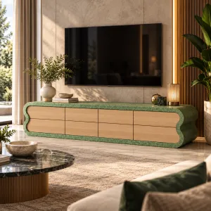 Luxus Moderne TV-Einheit aus Beton mit Skulpturalem Rahmen und Holzpaneelen - TV-Einheit Lifestyle-Ansicht von Luxury Group International