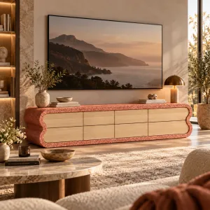 Luxus Moderne TV-Einheit aus Beton mit Skulpturalem Rahmen und Holzpaneelen - TV-Einheit Lifestyle-Ansicht von Luxury Group International