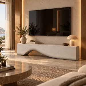 Luxuriöse moderne TV-Einheit aus Beton mit skulpturaler Wellenbasis - TV-Einheit Lifestyle-Ansicht von Luxury Group International