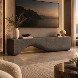 Luxuriöse moderne TV-Einheit aus Beton mit skulpturaler Wellenbasis - TV-Einheit Lifestyle-Ansicht von Luxury Group International