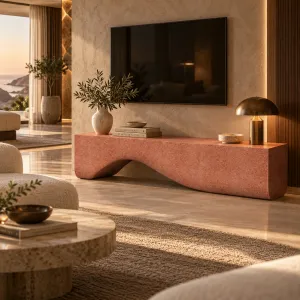 Luxuriöse moderne TV-Einheit aus Beton mit skulpturaler Wellenbasis - TV-Einheit Lifestyle-Ansicht von Luxury Group International