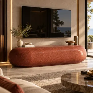 Luxus Moderne Geschwungene TV-Einheit aus Beton mit Skulpturalem Ovalem Design – Moderne Möbel Lifestyle-Ansicht von Luxury Group International