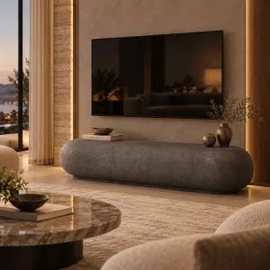 Luxus Moderne Geschwungene TV-Einheit aus Beton mit Skulpturalem Ovalem Design – Moderne Möbel Lifestyle-Ansicht von Luxury Group International