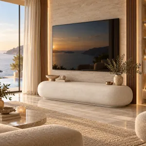 Luxus Moderne Geschwungene TV-Einheit aus Beton mit Skulpturalem Ovalem Design – Moderne Möbel Lifestyle-Ansicht von Luxury Group International