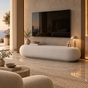 Luxus Moderne Geschwungene TV-Einheit aus Beton mit Skulpturalem Ovalem Design – Moderne Möbel Lifestyle-Ansicht von Luxury Group International