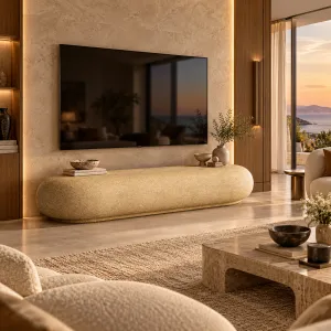 Luxus Moderne Geschwungene TV-Einheit aus Beton mit Skulpturalem Ovalem Design – Moderne Möbel Lifestyle-Ansicht von Luxury Group International