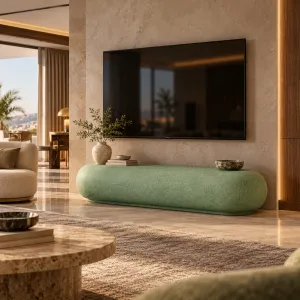 Luxus Moderne Geschwungene TV-Einheit aus Beton mit Skulpturalem Ovalem Design – Moderne Möbel Lifestyle-Ansicht von Luxury Group International