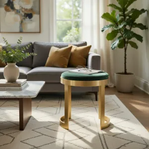 Luxury Modern Minimalist Round Stool in Light Gold Matte Metal with Dark Green Seat Lifestyle View by Luxury Group International