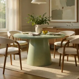Luxury Modern Minimalist Table in Sage Green Matte Stone with Pedestal Column Lifestyle View by Luxury Group International