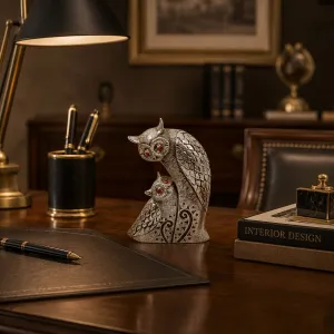 Luxury Modern Owl Duo Bronze Sculpture with Red Crystal Eyes - Luxury Bronze Figure Lifestyle View by Luxury Group International