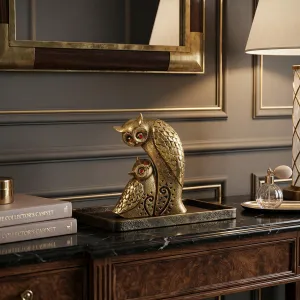 Luxury Modern Owl Duo Bronze Sculpture with Red Crystal Eyes - Luxury Bronze Figure Lifestyle View by Luxury Group International