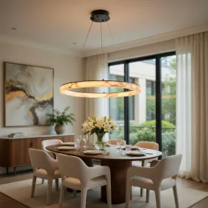 Lampadario Anello Moderno di Lusso in Bianco con Venature in Marmo di Alabastro Vista lifestyle di Luxury Group International
