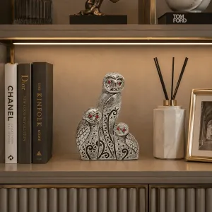 Luxury Modern Three-Owl Bronze Sculpture Set with Red Crystal Eyes - Luxury Bronze Figure Lifestyle View by Luxury Group International
