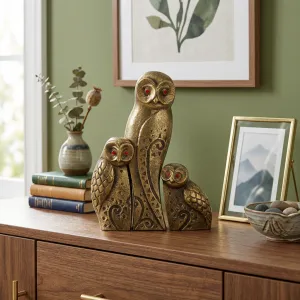 Luxury Modern Three-Owl Bronze Sculpture Set with Red Crystal Eyes - Luxury Bronze Figure Lifestyle View by Luxury Group International