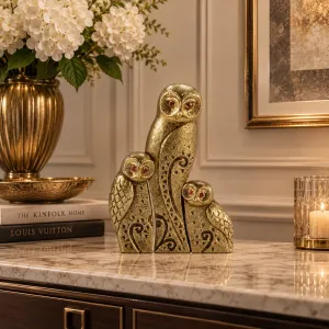 Luxury Modern Three-Owl Bronze Sculpture Set with Red Crystal Eyes - Luxury Bronze Figure Lifestyle View by Luxury Group International