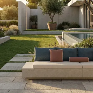 Divano Modulare da Giardino per Esterni con Cuscini Blu Grigio e Rosa - Mobili di Lusso per Hotel Vista lifestyle di Luxury Group International