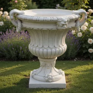 Jardinera Monumental de Lujo en Forma de Urna con Máscaras de Cabeza de León y Asas en Espiral - Maceteros de Lujo Vista lifestyle por Luxury Group International