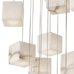 Luxus Multi-Cube Alabaster-Kaskaden-Kronleuchter mit gebürstetem Messing-Aufhängungsdesign Detailansicht von Luxury Group International