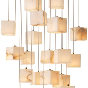 Luxus Multi-Cube Alabaster-Kaskaden-Kronleuchter mit gebürstetem Messing-Aufhängungsdesign Detailansicht von Luxury Group International