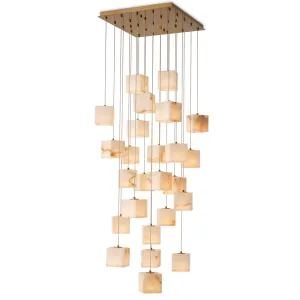 Luxus Multi-Cube Alabaster-Kaskaden-Kronleuchter mit gebürstetem Messing-Aufhängungsdesign von Luxury Group International