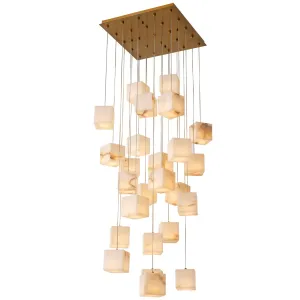 Luxus Multi-Cube Alabaster-Kaskaden-Kronleuchter mit gebürstetem Messing-Aufhängungsdesign Vorderansicht von Luxury Group International