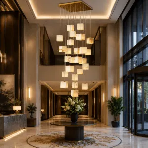 Luxus Multi-Cube Alabaster-Kaskaden-Kronleuchter mit gebürstetem Messing-Aufhängungsdesign Lifestyle-Ansicht von Luxury Group International