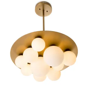 Luxury Multi-Globe Ceiling Lamp with Opal Glass Spheres and Brushed Brass Canopy Front View by Luxury Group International