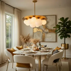 Luxury Multi-Globe Ceiling Lamp with Opal Glass Spheres and Brushed Brass Canopy Lifestyle View by Luxury Group International