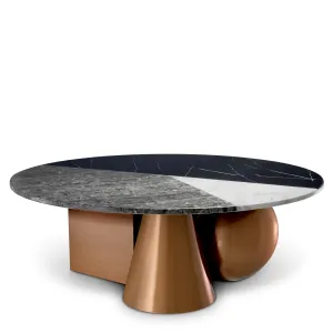 Luxury Multicolour Marble Top Round Coffee Table with Rose Gold Sculptural Base - Luxury Furniture Front View by Luxury Group International