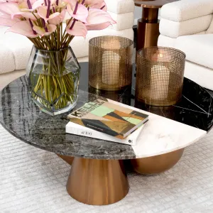 Luxury Multicolour Marble Top Round Coffee Table with Rose Gold Sculptural Base - Luxury Furniture Lifestyle View by Luxury Group International