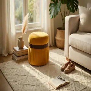 Luxury Mustard Yellow Velvet Stool with Decorative Belt Accent Lifestyle View by Luxury Group International