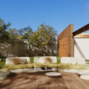 Luxury Mustard Yellow & White Armless Outdoor Sofa with Concrete Base - Luxury Hotel Furniture Lifestyle View by Luxury Group International