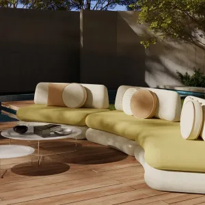 Luxury Mustard Yellow & White Armless Outdoor Sofa with Concrete Base - Luxury Hotel Furniture Lifestyle View by Luxury Group International