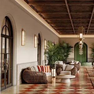 Luxury Natural Rattan Armchair with Ivory Cushions - Luxury Hotel Furniture Lifestyle View by Luxury Group International