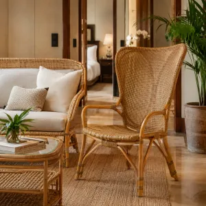 Luxury Natural Rattan High Back Armchair with Woven Cane Design - Luxury Armchair Lifestyle View by Luxury Group International