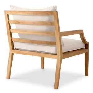 Luxuriöser Outdoor-Sessel aus natürlichem Teakholz mit cremefarbenen Kissen – 69 cm – Luxus-Hotelmöbel Rückansicht von Luxury Group International