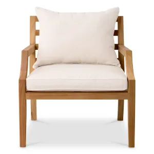 Luxuriöser Outdoor-Sessel aus natürlichem Teakholz mit cremefarbenen Kissen – 69 cm – Luxus-Hotelmöbel Vorderansicht von Luxury Group International