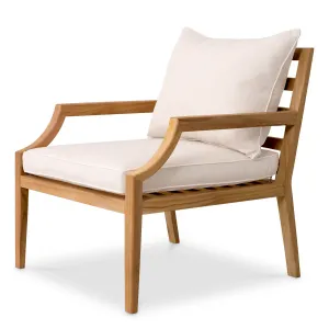 Luxuriöser Outdoor-Sessel aus natürlichem Teakholz mit cremefarbenen Kissen – 69 cm – Luxus-Hotelmöbel Seitenansicht von Luxury Group International