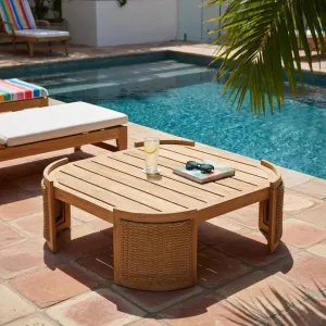 Luxury Natural Teak Outdoor Coffee Table with Faux Rattan Base 100 cm Lifestyle View by Luxury Group International