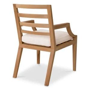 Luxury Natural Wood Outdoor Dining Armchair with White Seat Cushion and Slatted Backrest Back View by Luxury Group International